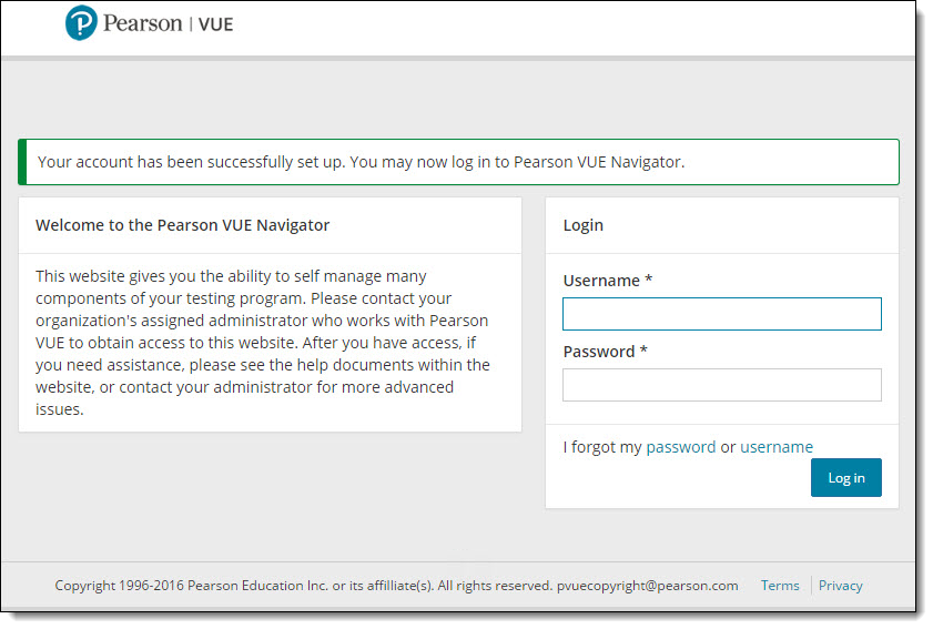 Navigator Login page, account has been successfully set up message. Log in to Navigator.